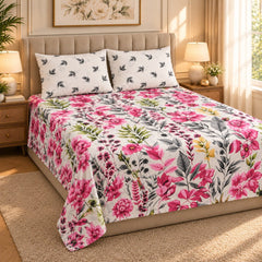 Fuchsia Wildflower Printed Cotton Double Bed Sheet with 2 Pillow Cases - The Idea