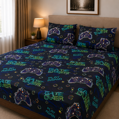 Game Over Gaming Kids Double Bed Sheet with 2 Pillow Cases