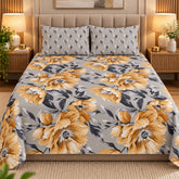 Golden Peony Grey Printed Cotton Double Bed Sheet with 2 Pillow Cases - The Idea
