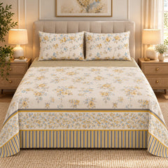 Golden Rose Border Printed Cotton Double Bed Sheet with 2 Pillow Cases - The Idea