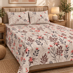 Grey Botanical Sprig Printed Cotton Double Bed Sheet with 2 Pillow Cases - The Idea