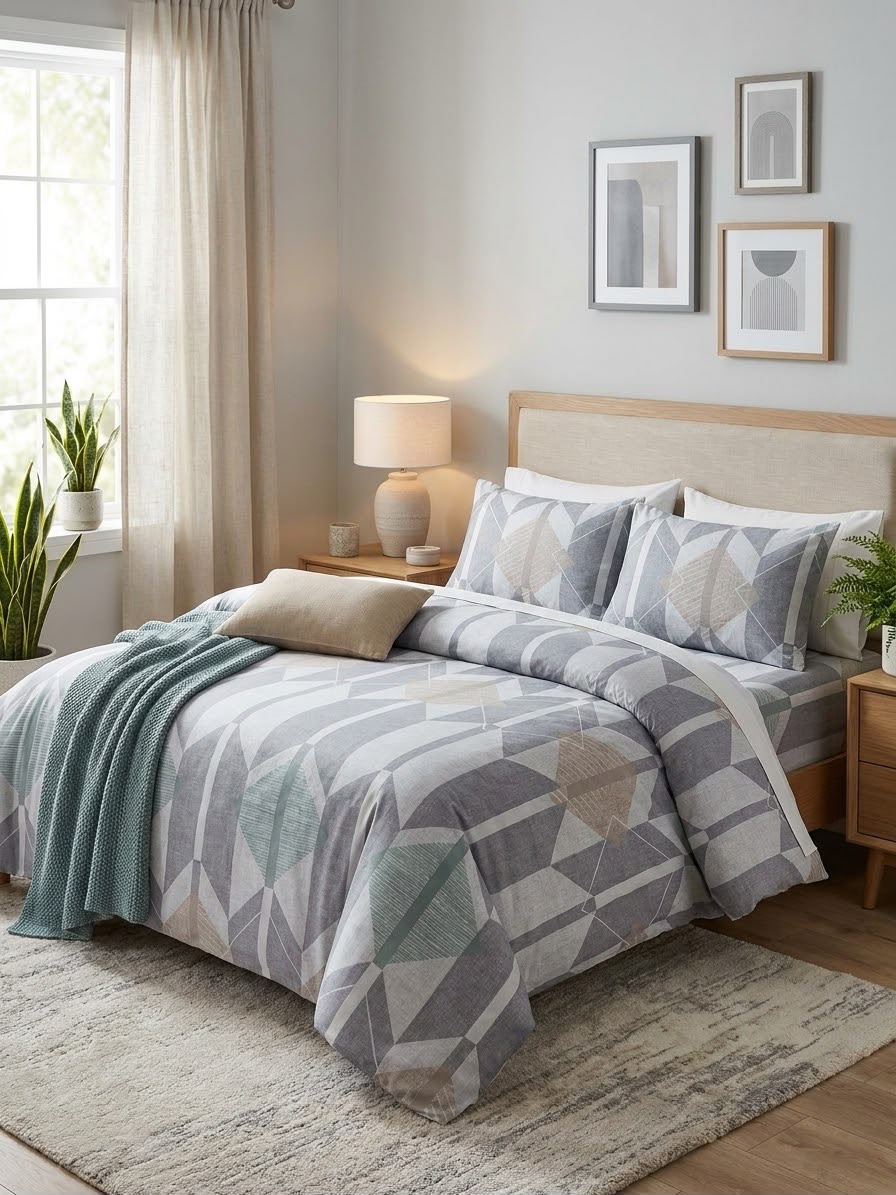 Grey Geometric Shapes Kids Double Bed Sheet with 2 Pillow Cases - The Idea