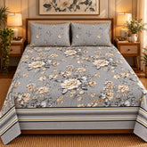 Grey Peony Stripe Printed Cotton Double Bed Sheet with 2 Pillow Cases - The Idea