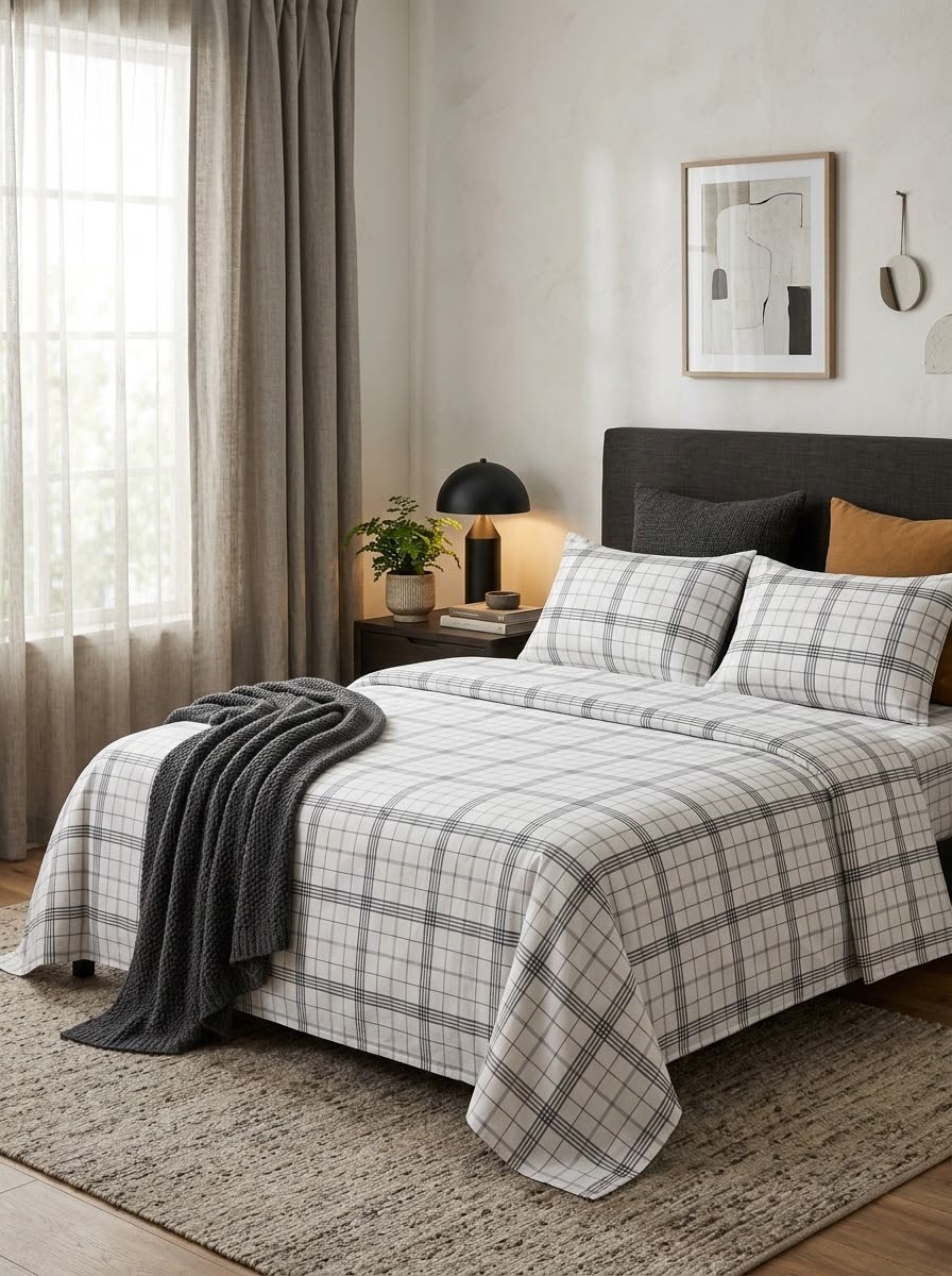 Grey & White Check Kids Double Bed Sheet with 2 Pillow Cases - The Idea