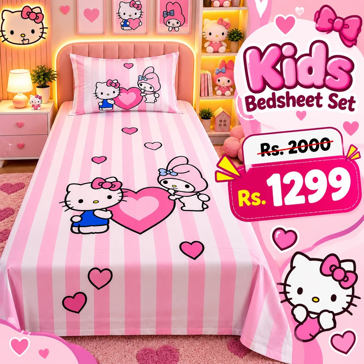 Hello Kitty Pink Stripes Kids Single Bed Sheet with Pillow Case - The Idea