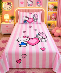 Hello Kitty Pink Stripes Kids Single Bed Sheet with Pillow Case - The Idea