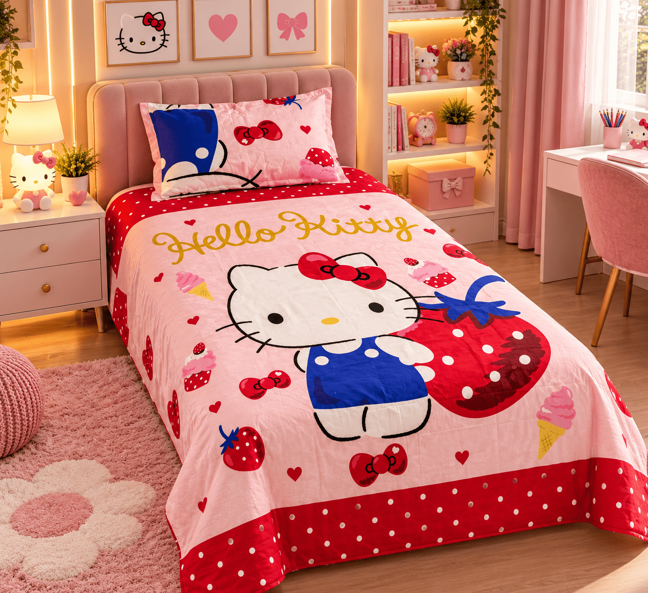 Hello Kitty Strawberry Kids Single Bed Sheet with Pillow Case - The Idea