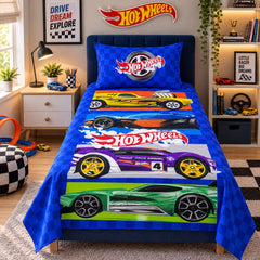 Hot Wheels Racing Cars Kids Single Bed Sheet with Pillow Case