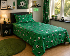 Green football kids bed sheet in a football themed bedroom