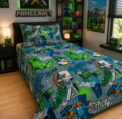 Pixel craft graffiti kids bed sheet in a gaming themed bedroom