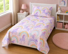Pastel unicorn rainbow kids bed sheet in a girls bedroom