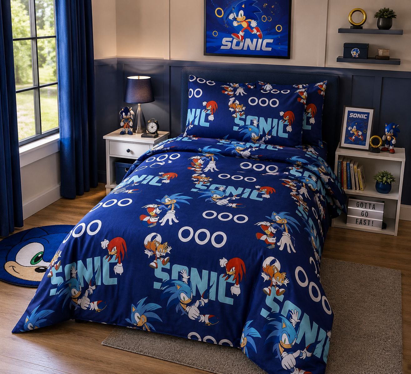 Speed hero blue kids bed sheet on a single bed with matching pillow case