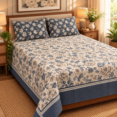 Indigo Rose Border Printed Cotton Double Bed Sheet with 2 Pillow Cases - The Idea