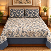 Indigo Rose Border Printed Cotton Double Bed Sheet with 2 Pillow Cases - The Idea