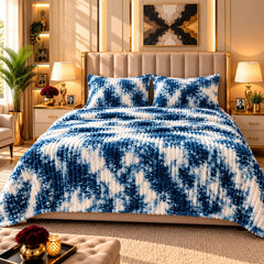 Indigo Tie Dye Fleece Double Bed Sheet with 2 Pillow Cases - 90 x 95 Inches - The Idea
