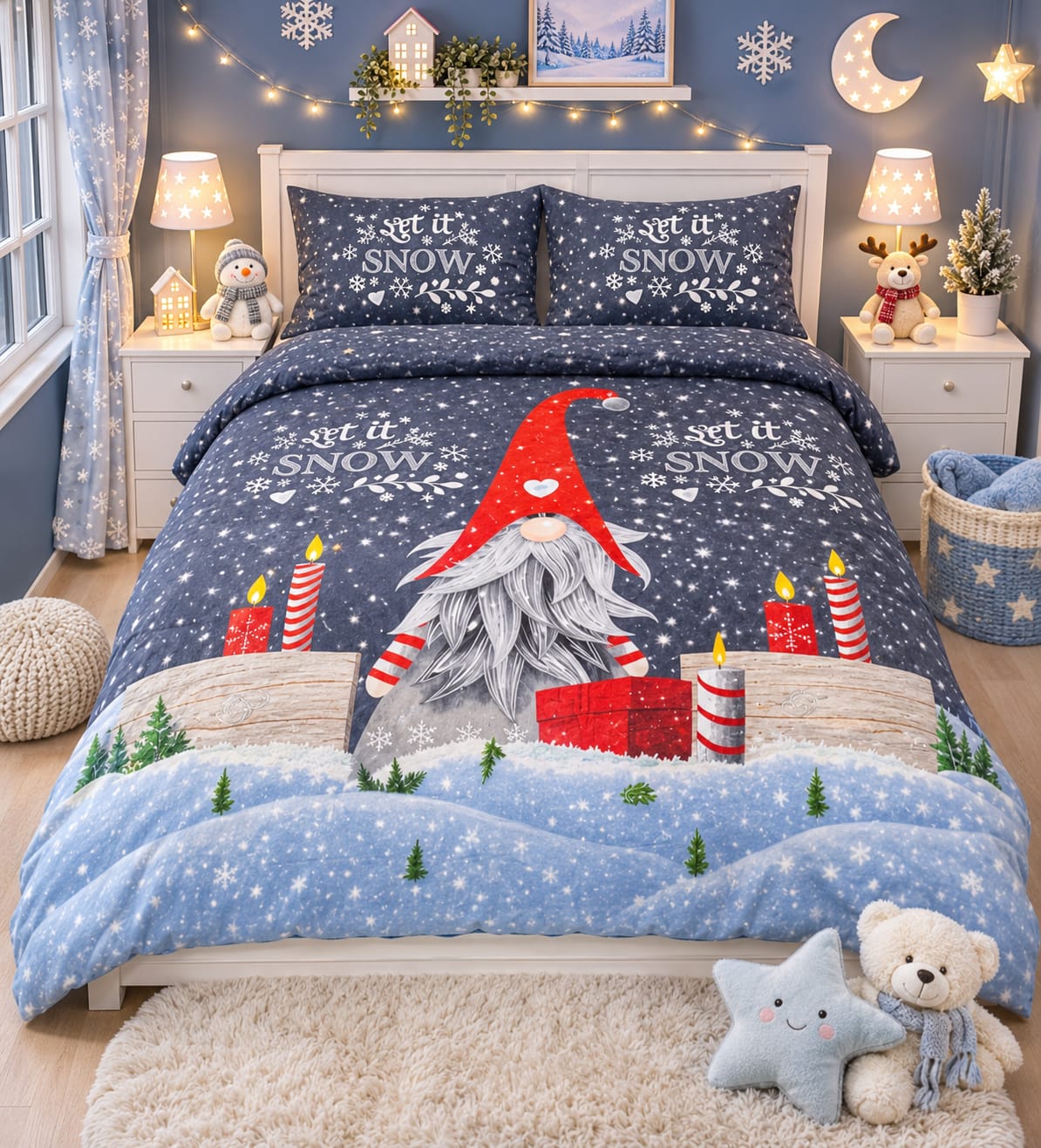 Let It Snow Gnome Kids Double Bed Sheet with 2 Pillow Cases