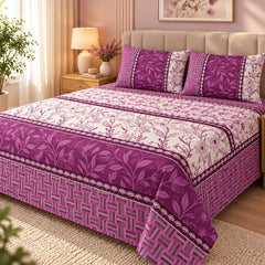 Magenta Trellis Border Printed Cotton Double Bed Sheet with 2 Pillow Cases - The Idea