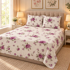 Mauve Rose Cream Printed Cotton Double Bed Sheet with 2 Pillow Cases - The Idea