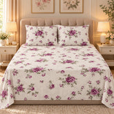 Mauve Rose Cream Printed Cotton Double Bed Sheet with 2 Pillow Cases - The Idea