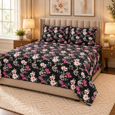 Midnight Floral Printed Cotton Double Bed Sheet with 2 Pillow Cases - The Idea