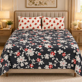 Midnight Red Blossom Printed Cotton Double Bed Sheet with 2 Pillow Cases - The Idea