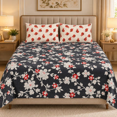Midnight Red Blossom Printed Cotton Double Bed Sheet with 2 Pillow Cases - The Idea
