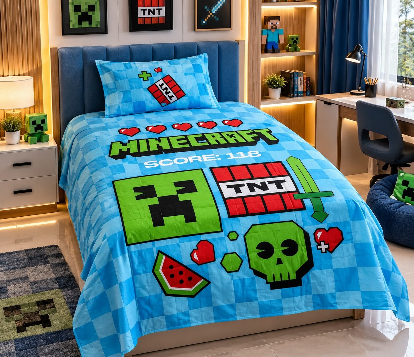 Minecraft Creeper TNT Kids Single Bed Sheet with Pillow Case - The Idea
