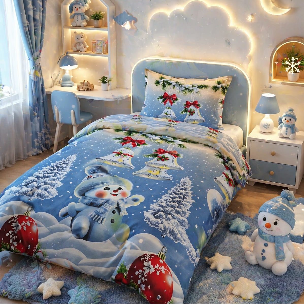 Snowman Bells kids single bed sheet with matching pillow case