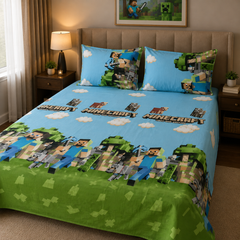 Minecraft World Kids Double Bed Sheet with 2 Pillow Cases