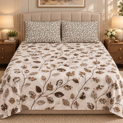Mocha Leaf Marble Printed Cotton Double Bed Sheet with 2 Pillow Cases - The Idea