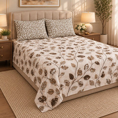 Mocha Leaf Marble Printed Cotton Double Bed Sheet with 2 Pillow Cases - The Idea