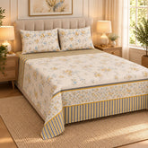 Mustard Rose Stripe Printed Cotton Double Bed Sheet with 2 Pillow Cases - The Idea