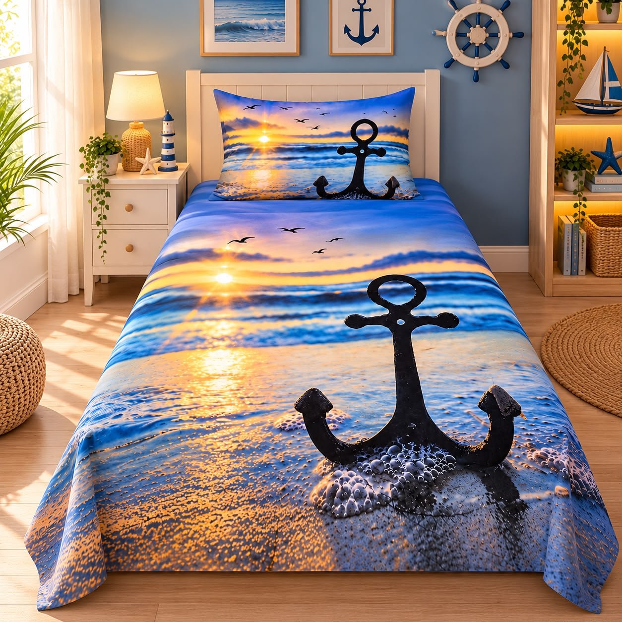 Nautical Anchor Kids Single Bed Sheet with Pillow Case - The Idea