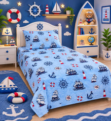 Nautical Ships & Anchors Kids Single Bed Sheet with Pillow Case - The Idea