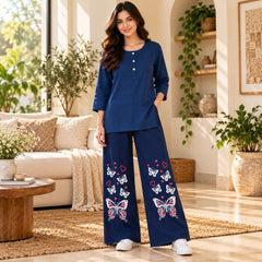 Navy Blue Top & Navy Butterfly Trouser Co-ord Set - The Idea