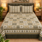 Olive Patchwork Tile Printed Cotton Double Bed Sheet with 2 Pillow Cases - The Idea