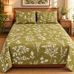 Olive Vine Printed Cotton Double Bed Sheet with 2 Pillow Cases - The Idea
