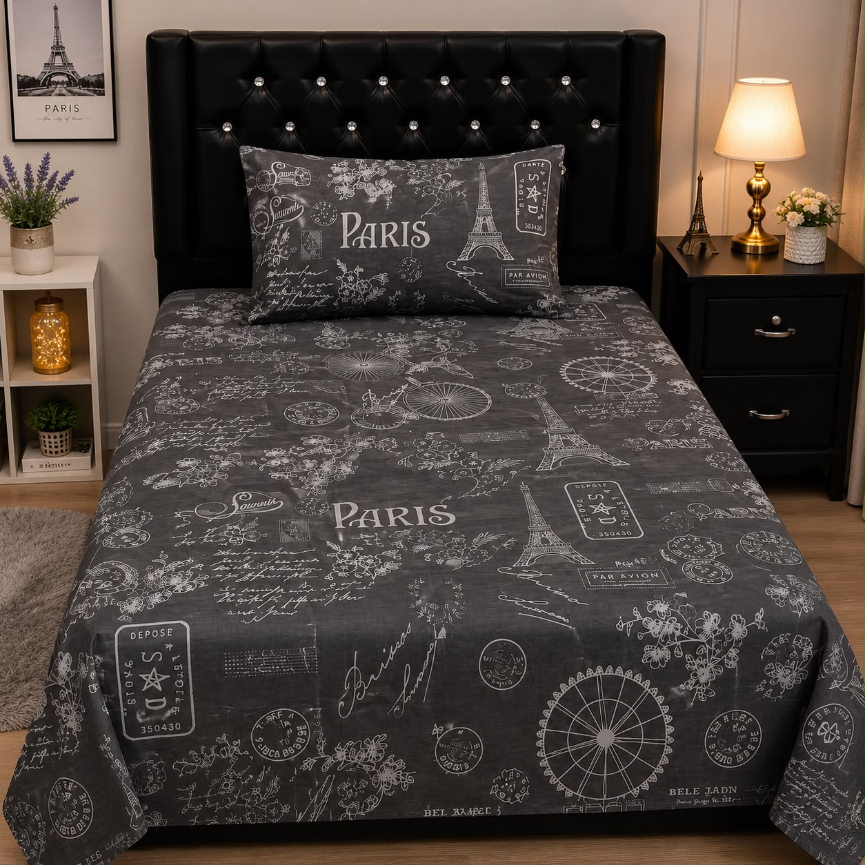 Paris charcoal Eiffel Tower single bed sheet with pillow case by Haris Collection