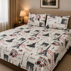 Paris Eiffel Tower Kids Double Bed Sheet with 2 Pillow Cases
