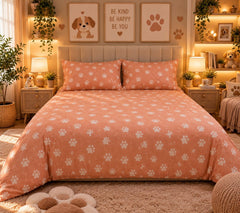 Peach Paw Prints Kids Double Bed Sheet with 2 Pillow Cases - The Idea