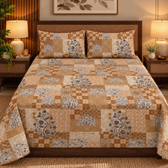 Periwinkle Chevron Bloom Printed Cotton Double Bed Sheet with 2 Pillow Cases - The Idea