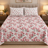 Pink Rose Bouquet Printed Cotton Double Bed Sheet with 2 Pillow Cases - The Idea