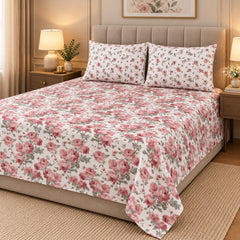 Pink Rose Bouquet Printed Cotton Double Bed Sheet with 2 Pillow Cases - The Idea