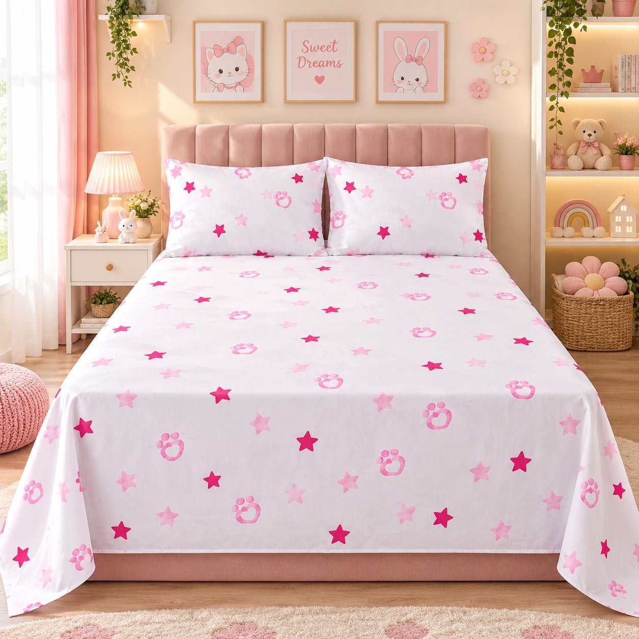 Pink Stars & Paws Kids Double Bed Sheet with 2 Pillow Cases - The Idea