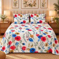 Poppy Fiesta Printed Cotton Double Bed Sheet with 2 Pillow Cases - The Idea