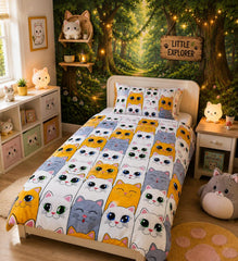 Cute cartoon cats kids single bed sheet colorful