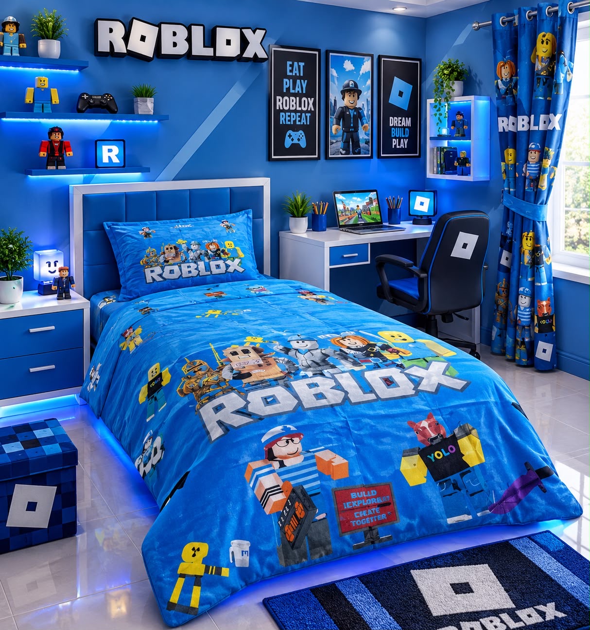 Roblox Sky Blue Kids Single Bed Sheet with Pillow Case