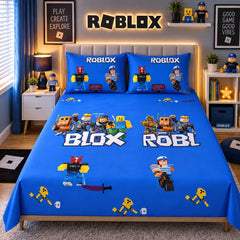 Roblox Sky Blue Kids Double Bed Sheet with 2 Pillow Cases
