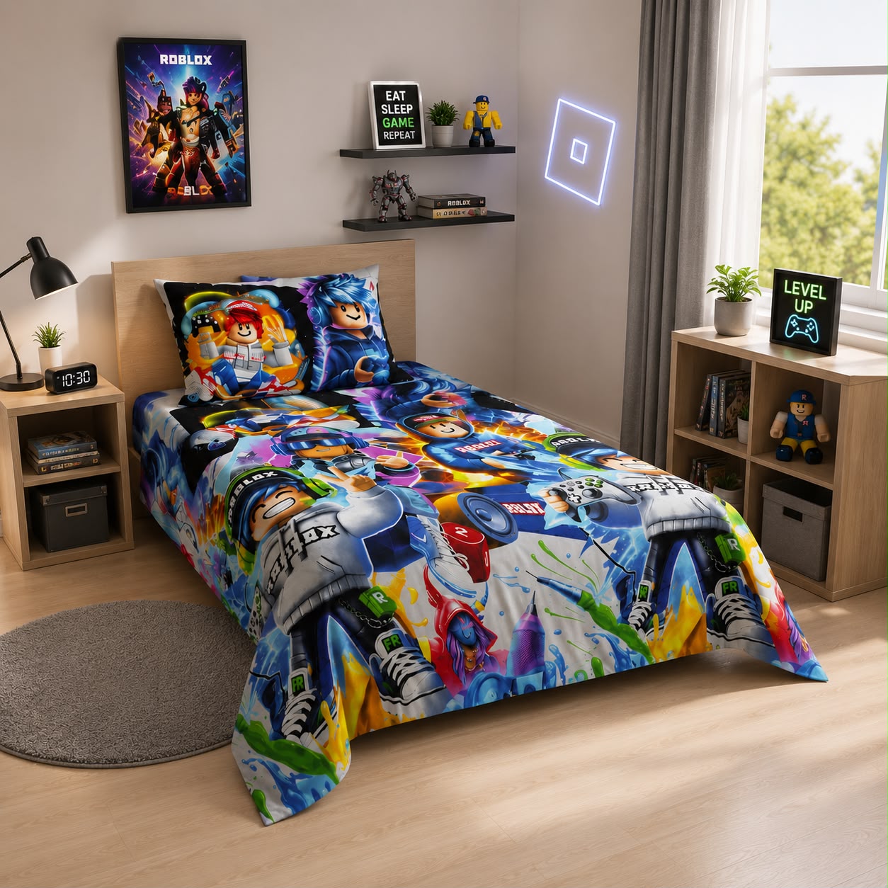 Roblox splash art kids single bed sheet with pillow case in a gaming bedroom