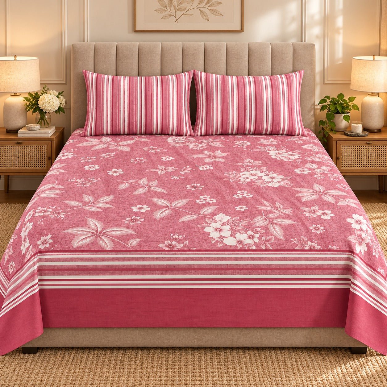 Rose Meadow Stripe Printed Cotton Double Bed Sheet with 2 Pillow Cases - The Idea